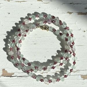 Triple Wrap Bracelet or Long Necklace with Fluorite & Mauve Quartz & Rose Gold